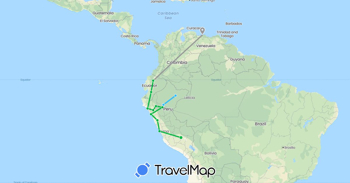 TravelMap itinerary: driving, bus, plane, boat in Ecuador, Peru, Venezuela (South America)